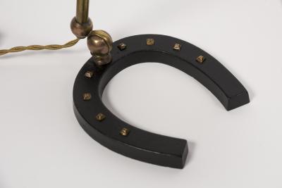 Jacques Adnet 1950s Stitched leather lamp with shoe horse base by Jacques Adnet