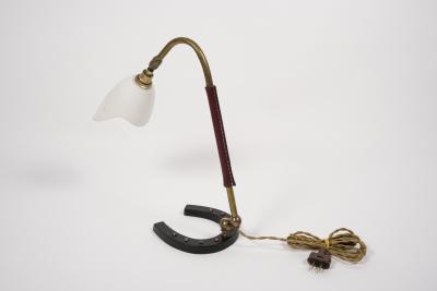 Jacques Adnet 1950s Stitched leather lamp with shoe horse base by Jacques Adnet