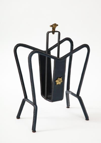 Jacques Adnet 1950s Stitched leather magazine rack by Jacques Adnet