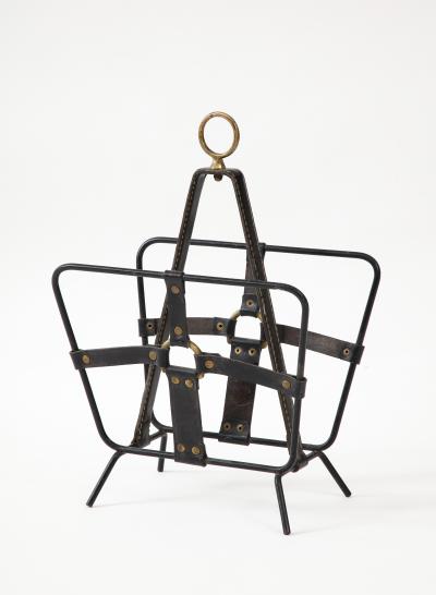 Jacques Adnet 1950s Stitched leather magazine rack by Jacques Adnet