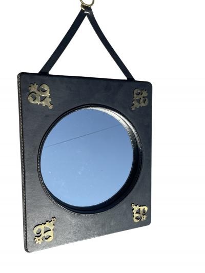Jacques Adnet 1950s Stitched leather mirror by Jacques Adnet