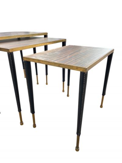 Jacques Adnet 1950s Stitched leather nesting tables by Jacques Adnet