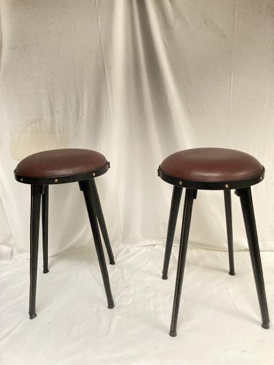 Jacques Adnet 1950s Stitched leather pair of stools By Jacques Adnet