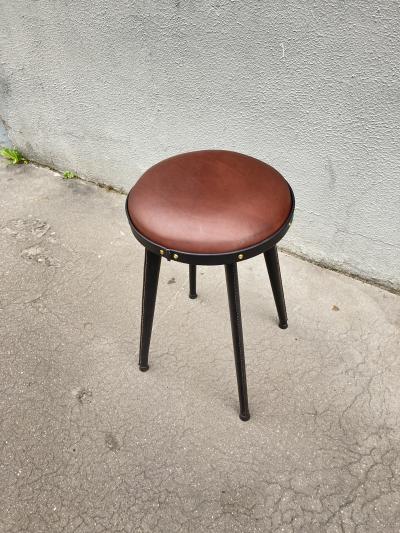 Jacques Adnet 1950s Stitched leather pair of stools By Jacques Adnet