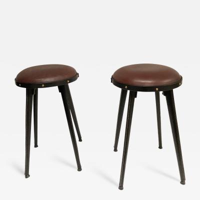 Jacques Adnet 1950s Stitched leather pair of stools By Jacques Adnet