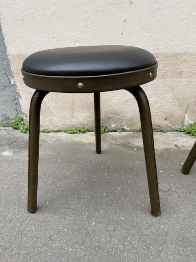 Jacques Adnet 1950s Stitched leather pair of stools by Jacques Adnet