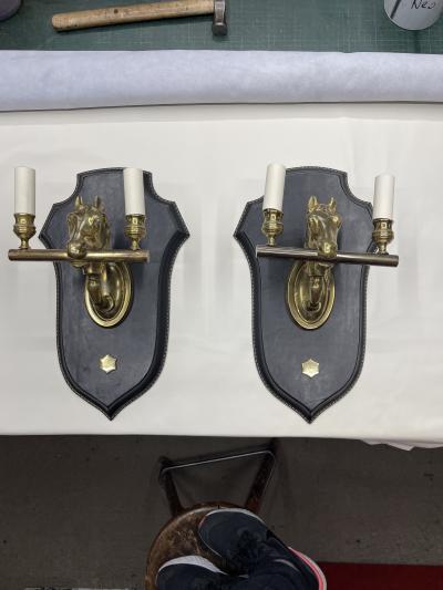 Jacques Adnet 1950s Stitched leather sconces by Jacques Adnet