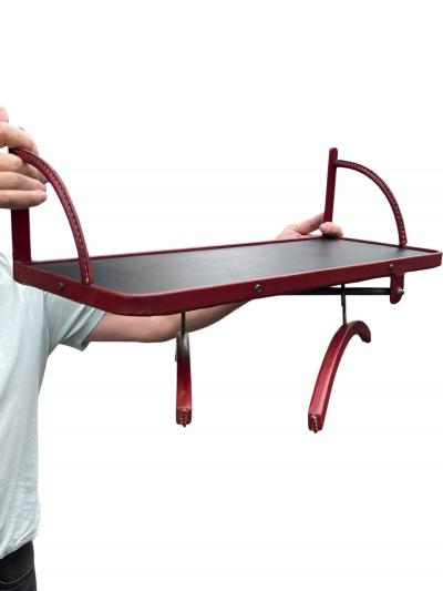Jacques Adnet 1950s Stitched leather shelve and coat rack by Jacques Adnet