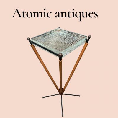 Jacques Adnet 1950s Stitched leather side table by Jacques Adnet