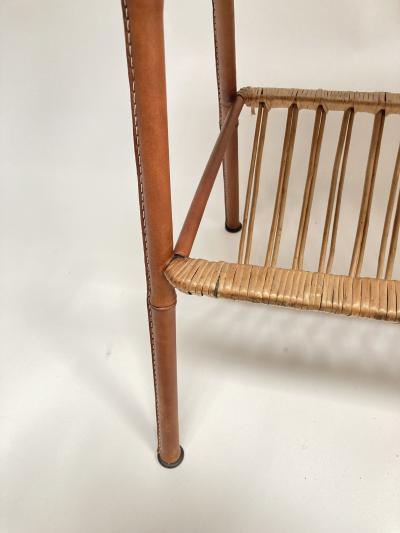 Jacques Adnet 1950s Stitched leather table with a top forming a rattan tray by Jacques Adnet