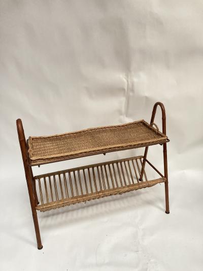 Jacques Adnet 1950s Stitched leather table with a top forming a rattan tray by Jacques Adnet