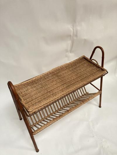 Jacques Adnet 1950s Stitched leather table with a top forming a rattan tray by Jacques Adnet