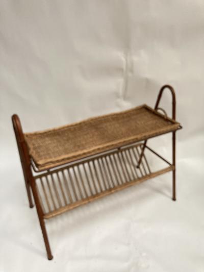 Jacques Adnet 1950s Stitched leather table with a top forming a rattan tray by Jacques Adnet