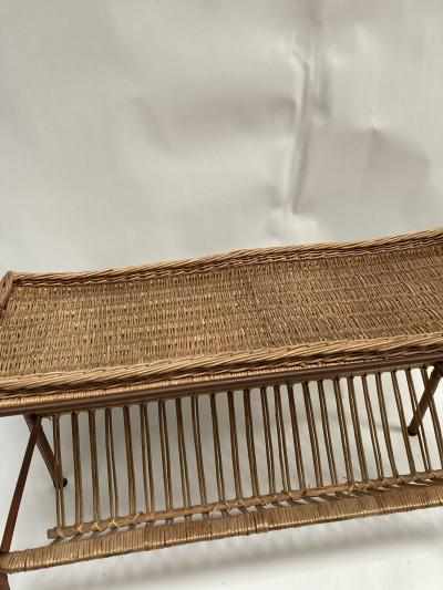 Jacques Adnet 1950s Stitched leather table with a top forming a rattan tray by Jacques Adnet