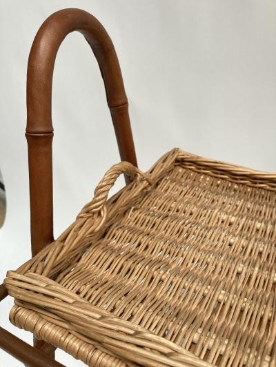 Jacques Adnet 1950s Stitched leather table with a top forming a rattan tray by Jacques Adnet