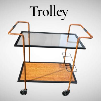 Jacques Adnet 1950s Stitched leather trolley by Jacques Adnet