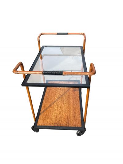 Jacques Adnet 1950s Stitched leather trolley by Jacques Adnet