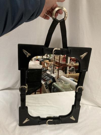 Jacques Adnet 1950s Stitched leather wall mirror by Jacques Adnet