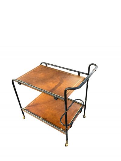 Jacques Adnet 1950s Stitched leatherbar cart by Jacques Adnet