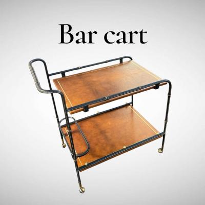 Jacques Adnet 1950s Stitched leatherbar cart by Jacques Adnet