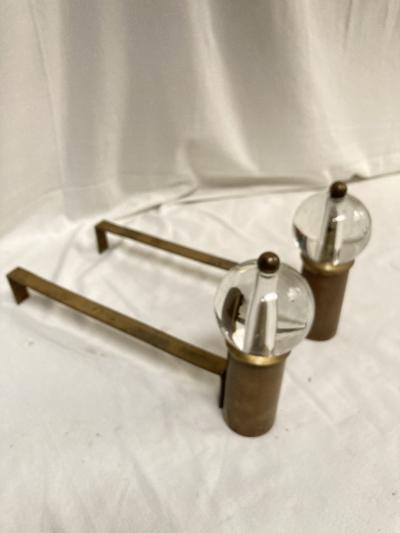 Jacques Adnet 1950s cristal ball andirons in the style of Jacques Adnet