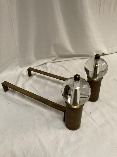 Jacques Adnet 1950s cristal ball andirons in the style of Jacques Adnet