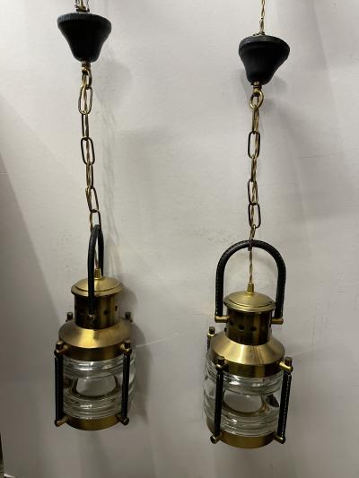 Jacques Adnet 1950s pair of stitched leather lanterns by Jacques Adnet
