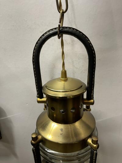 Jacques Adnet 1950s pair of stitched leather lanterns by Jacques Adnet