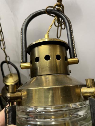 Jacques Adnet 1950s pair of stitched leather lanterns by Jacques Adnet