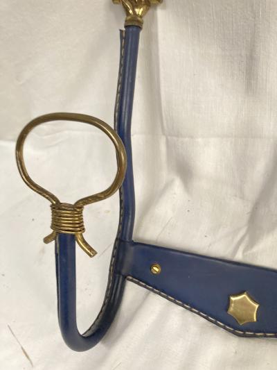 Jacques Adnet 1950s stitched leather and brass coat rack by Jacques adnet