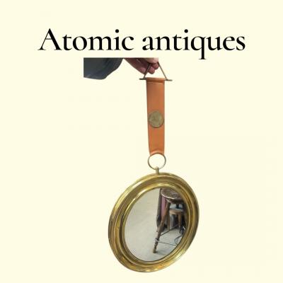 Jacques Adnet 1960s Brass and leather wall mirror in the manner of Jacques Adnet