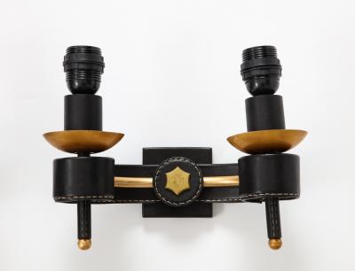 Jacques Adnet A Pair of Double Arm Sconces in Brass and Black Leather