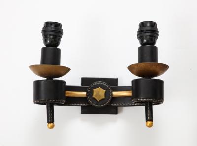 Jacques Adnet A Pair of Double Arm Sconces in Brass and Black Leather