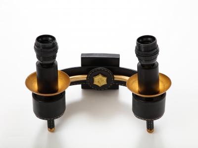 Jacques Adnet A Pair of Double Arm Sconces in Brass and Black Leather