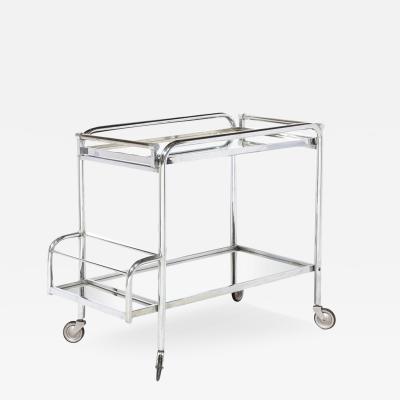 Jacques Adnet Art Deco Two Tier Bar Cart in Polished Chrome and Mirror Glass by Jacques Adnet