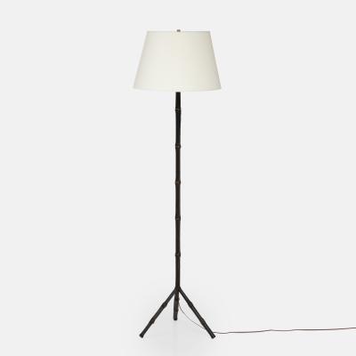 Jacques Adnet Black Leather Tripod Faux Bamboo Floor Lamp by Jacques Adnet