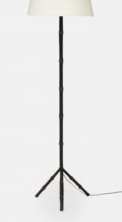 Jacques Adnet Black Leather Tripod Faux Bamboo Floor Lamp by Jacques Adnet