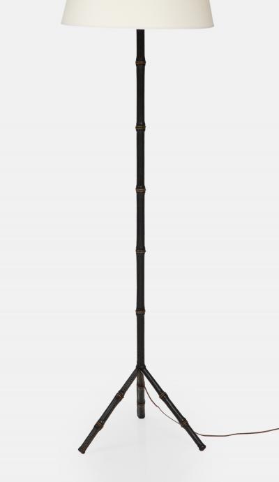 Jacques Adnet Black Leather Tripod Faux Bamboo Floor Lamp by Jacques Adnet