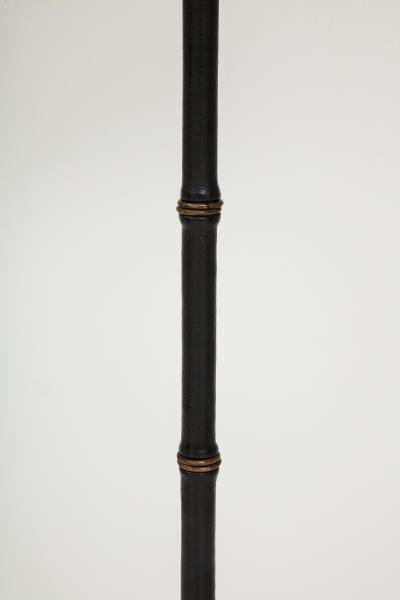 Jacques Adnet Black Leather Tripod Faux Bamboo Floor Lamp by Jacques Adnet