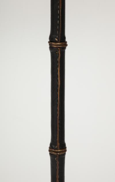 Jacques Adnet Black Leather Tripod Faux Bamboo Floor Lamp by Jacques Adnet