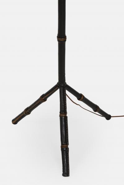 Jacques Adnet Black Leather Tripod Faux Bamboo Floor Lamp by Jacques Adnet