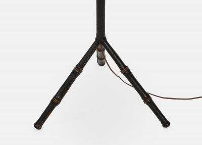 Jacques Adnet Black Leather Tripod Faux Bamboo Floor Lamp by Jacques Adnet