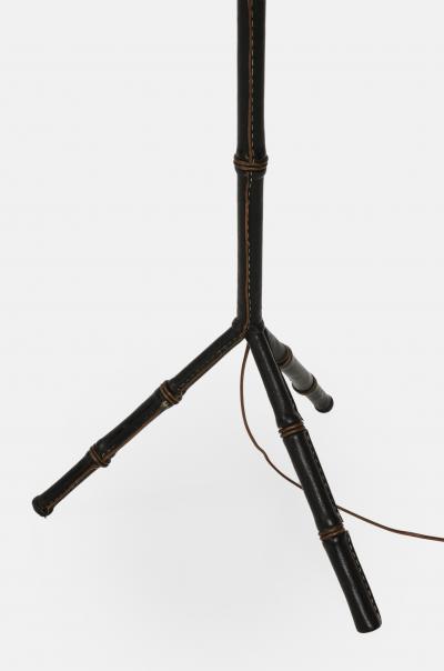 Jacques Adnet Black Leather Tripod Faux Bamboo Floor Lamp by Jacques Adnet