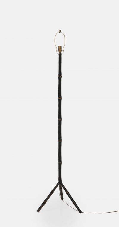 Jacques Adnet Black Leather Tripod Faux Bamboo Floor Lamp by Jacques Adnet