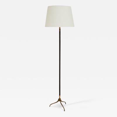 Jacques Adnet Brown Leather and Brass Floor Lamp