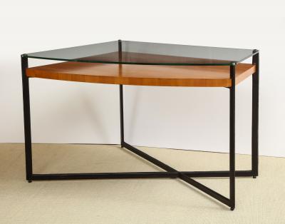Jacques Adnet CURVED FRUITWOOD CENTER TABLE WITH GLASS TOP BY ADNET