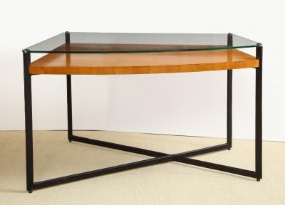 Jacques Adnet CURVED FRUITWOOD CENTER TABLE WITH GLASS TOP BY ADNET