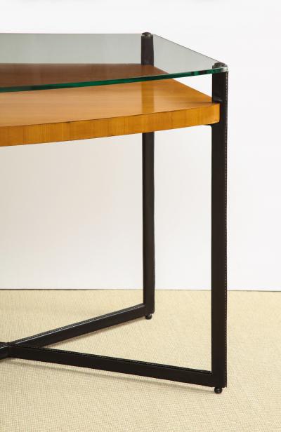 Jacques Adnet CURVED FRUITWOOD CENTER TABLE WITH GLASS TOP BY ADNET