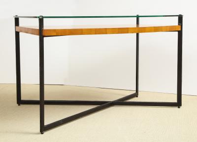 Jacques Adnet CURVED FRUITWOOD CENTER TABLE WITH GLASS TOP BY ADNET