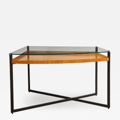Jacques Adnet CURVED FRUITWOOD CENTER TABLE WITH GLASS TOP BY ADNET